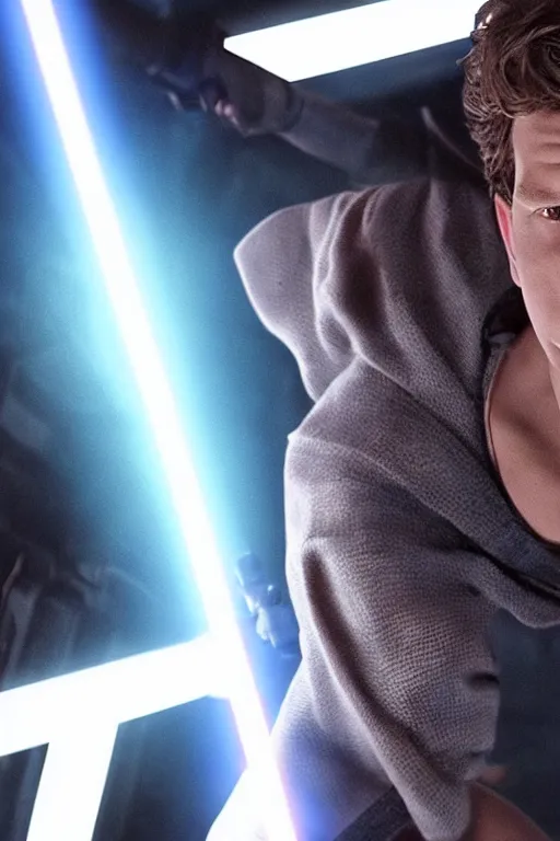 Image similar to tom holland as a jedi in a new star wars film, 3 5 mm photography, highly detailed, cinematic lighting, standing pose, holding lightsaber 4 k