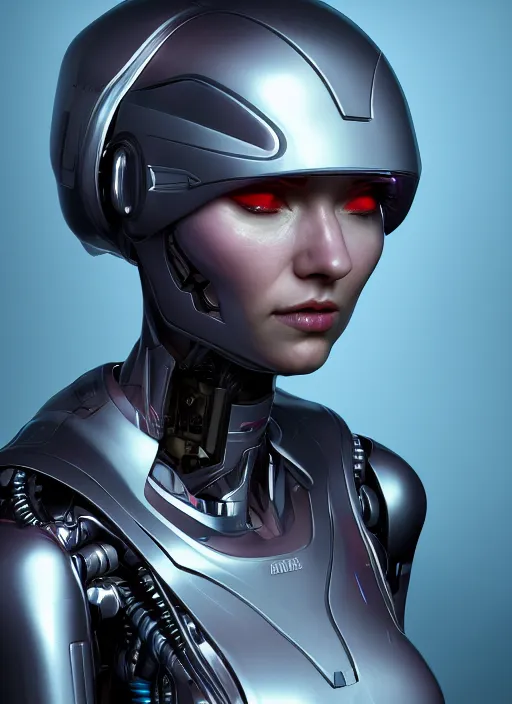 Prompt: portrait of a futuristic cyborg female render, 3D, Sergey, hyper detailed, helmet, wires, cyberpunk, trending on artstation