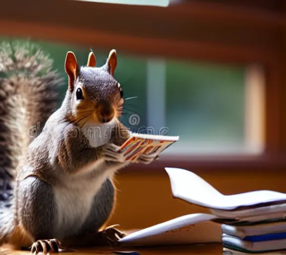 Image similar to a squirrel doing his taxes, 4 k, stock photography, sunlight coming through a window, very detailed,