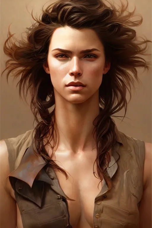 Prompt: photorealistic portrait of a young butch cowgirl woman, handsome, female, masculine, upper body, fantasy, fierce, sharp features, intricate, elegant, highly detailed, digital painting, artstation, concept art, matte, sharp focus, illustration, art by artgerm and greg rutkowski and alphonse mucha