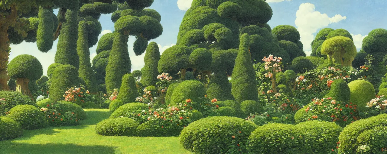 Prompt: ghibli illustrated background of a topiary garden by eugene von guerard, ivan shishkin, john singer sargent
