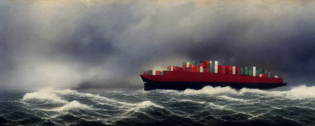 Prompt: container ship containership colossus near misty black cliffs over steamy water by Fernand Khnopff, matte painting