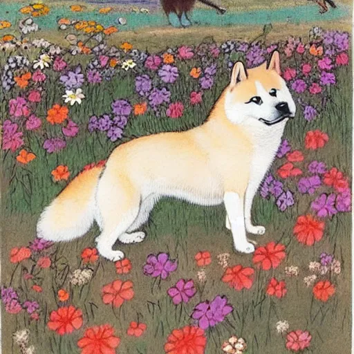 Image similar to a female akita inu wearing a kimono, in a field of flowers, painting in the style of warwick goble