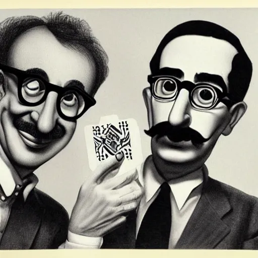 Image similar to black and white photo of Woody Allen and Groucho Marx playing cards, photorealistic