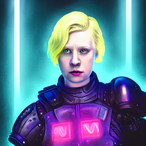 Prompt: photorealistic cyberpunk brienne of tarth, iridescent neon