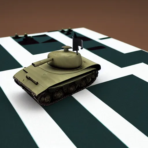 Image similar to 3d render of miniature tank driving over chessboard