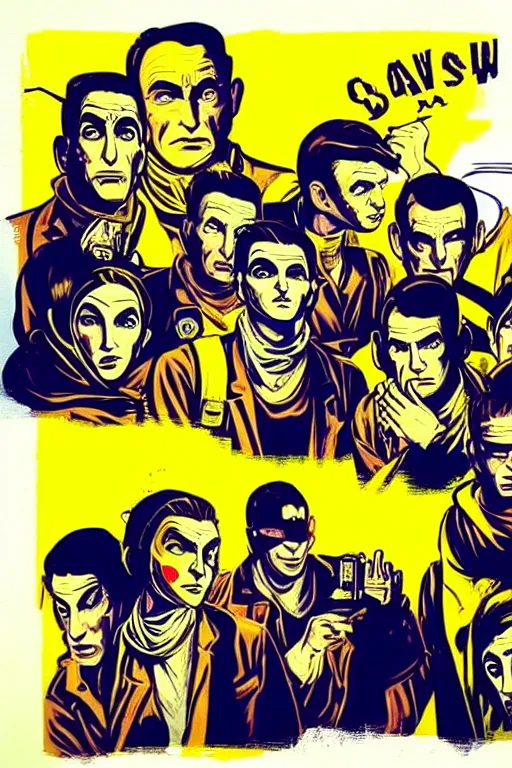 Image similar to 6 member from saints gangs wear yellow bandana, some of member have mustard. pop art, bioshock infinite art style, arstation trending, accurate, detailed, unembellished depiction of nature or of contemporary life, gta chinatown wars art style, art by richard hamilton and mimmo rottela