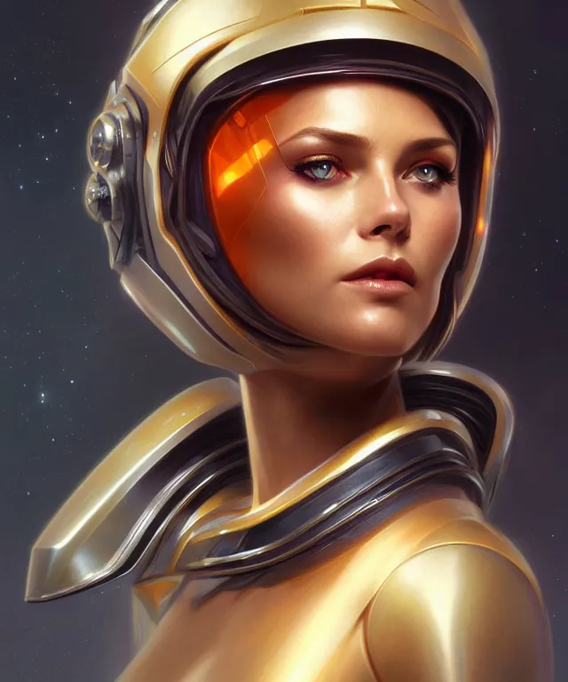 Image similar to futuristic woman in helmet portrait, sci-fi, amber eyes, face, long hair, fantasy, intricate, elegant, highly detailed, digital painting, artstation, concept art, smooth, sharp focus, illustration, art by artgerm and greg rutkowski and alphonse mucha