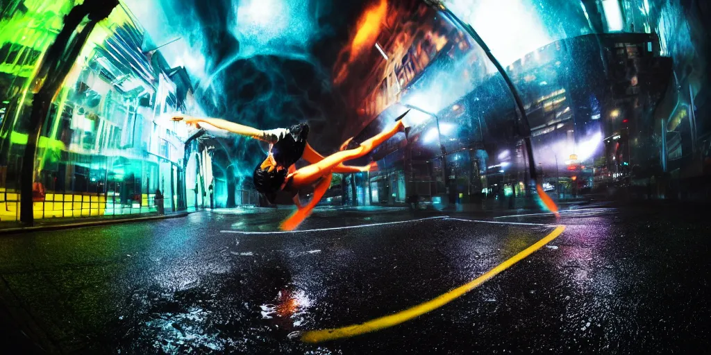Image similar to fisheye lens slow motion with trail effect of futuristic break dancer wearing floating long dress with neon lights, long exposure shot , at night in the middle of a rainy wet street, paddle of water, steam, fog, water splashes, rim lights, glossy reflections, water droplets on lens, octane render, dark and dramatic, fire explosions in the background, detailed and soft, fisheye lens, smooth, sharp focus, illustration, art by artgerm and greg rutkowski and Annie Leibovitz, graphic glitches