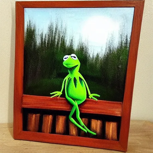 Image similar to “a bob ross style painting of kermit falling off a bridge”