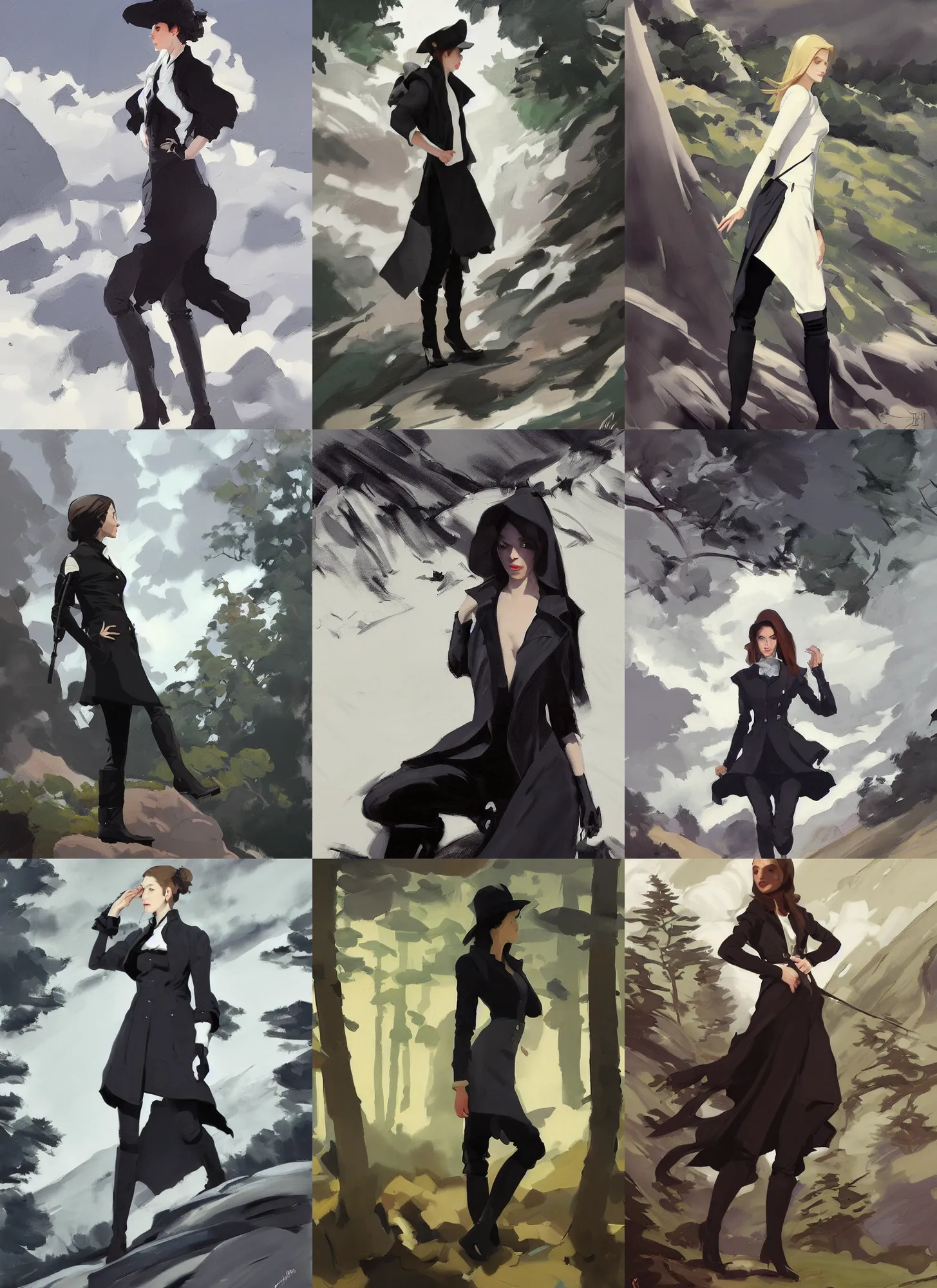 Prompt: black white cloth fabric jodhpurs knee high boots travel coat fashion, solo hiking in mountains trees, clouds, greg manchess painting by sargent and leyendecker, studio ghibli, fantasy, asymmetrical, intricate, elegant, matte painting, illustration, hearthstone, by greg rutkowski, by greg tocchini, by james gilleard, by joe fenton