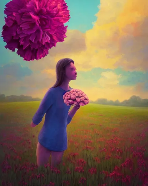 Image similar to girl with a giant carnation as face, surreal photography, flower field, sunset dramatic light, impressionist painting, colorful clouds, blue sky, digital painting, artstation, simon stalenhag