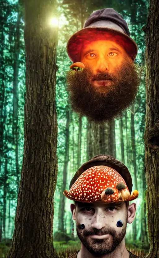 Image similar to realistic colorful photo portrait of man with mushrooms growing on his face, illuminated forest in the background full light, ultra rendered extreme realism and detail, 8 k, highly detailed, realistic, photorealistic,