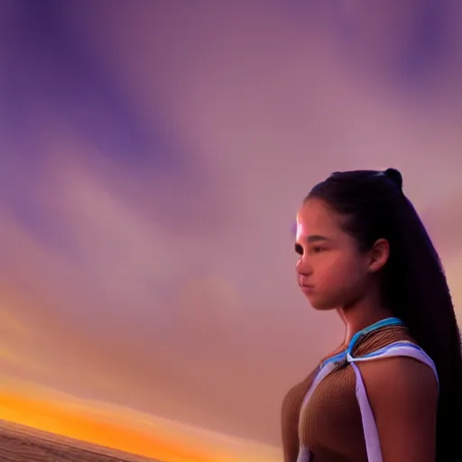 Image similar to photo, real life katara from avatar, beach, sand 7 2 8 4 5 intrinsic details, highly artistic, volumetric lighting