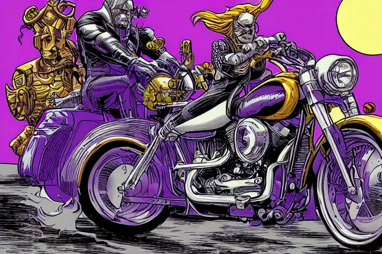 Prompt: Thanos riding a Harley Davidson by Dan Mumford