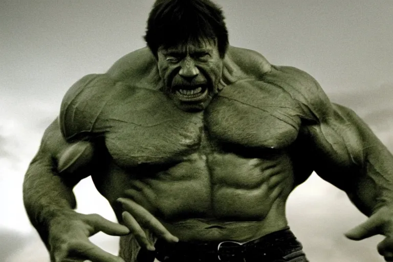 Image similar to chuck norris as the hulk, cinematic, movie still, dramatic lighting, by bill henson, 1 6 : 9 ratio