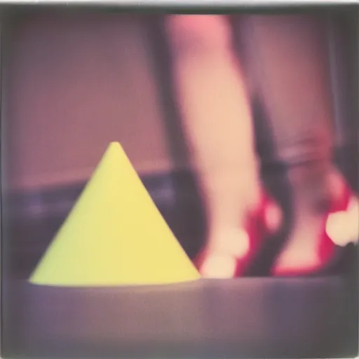 Prompt: polaroid photo of cone with human legs, bokeh