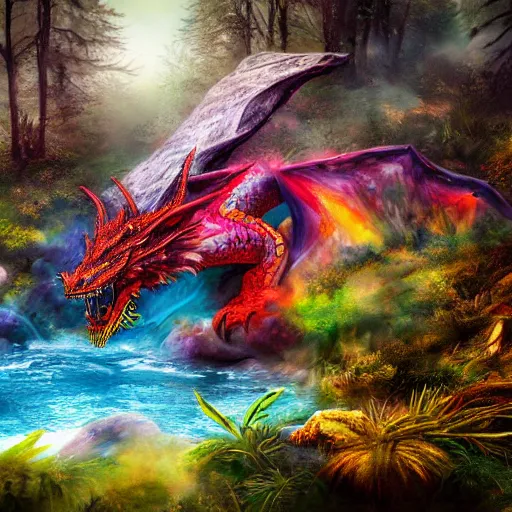 Image similar to highly detailed photograph of a dragon in a colorful hotspring with forest backdrop, featured on artstation