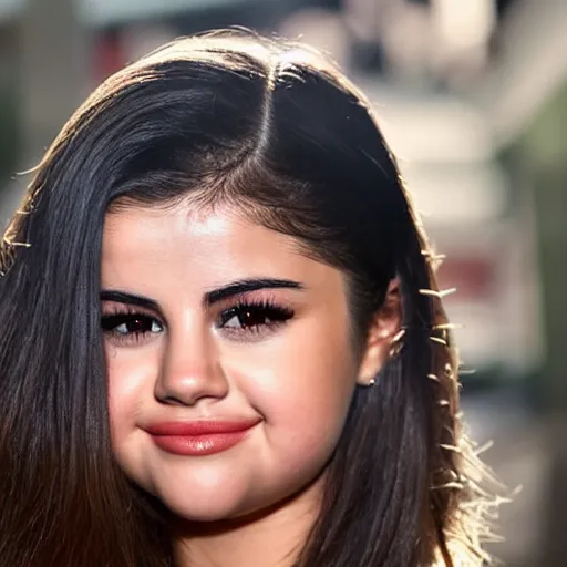 Image similar to A portrait of Selena Gomez smiling, closed eyes, extreme close-up, natural lighting, volumetrics