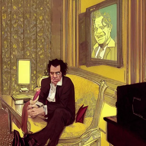 Image similar to Richard Nixon smoking weed in a hotel room with Bob Dylan, yellow theme, by krenz cushart and mucha and yoneyama mai and greg rutkowski