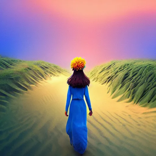 Image similar to closeup giant dahlia flower crown head, a girl walking between dunes, surreal photography, sunrise, blue sky, dramatic light, impressionist painting, digital painting, artstation, simon stalenhag