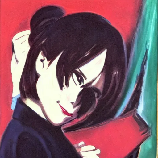 Image similar to an oil painting of k - on yui hirasawa with the style by edvard munch