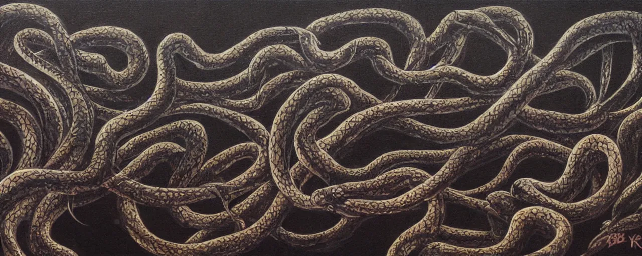 Prompt: a detailed oil painting of a dark void full of snakes in the style of Bob Ross and Giger