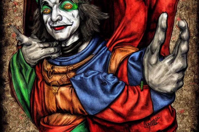 Prompt: medieval jester, colorful, sinister, digital art,