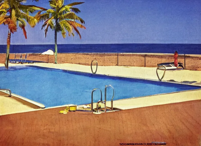 Prompt: pool at the beach. no people. nostalgic. 6 0 s styled art