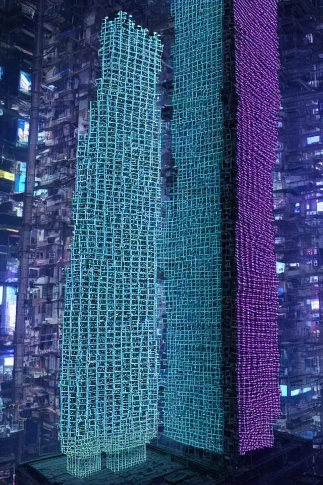 Prompt: cyberpunk tower made out of billions of stacked computer screens