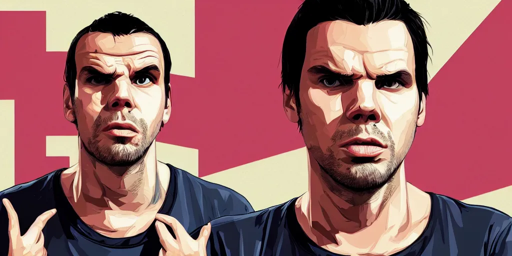 Prompt: Orelsan in a GTA V loading screen, symmetrical face, in the style of Stephen Bliss, trending on artstation