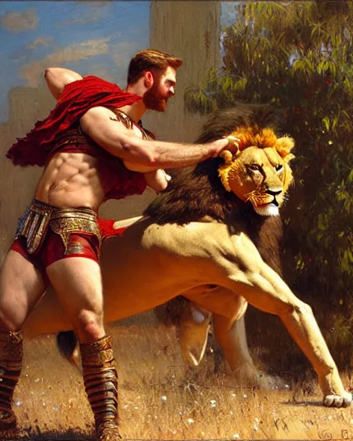 Image similar to handsome gladiator chris evans wrestling a lion, painting by gaston bussiere, craig mullins, j. c. leyendecker