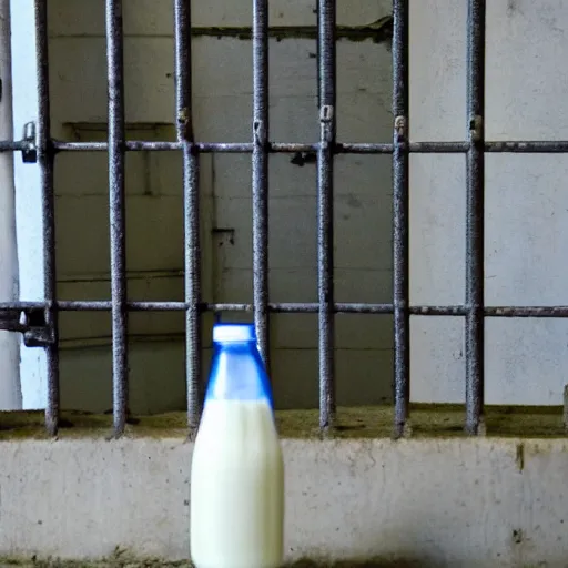 Prompt: bottle of milk in front of a jailcell with a calf inside