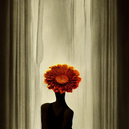 Image similar to huge flower as head, woman standing in a luxury apartment, surreal photography, dramatic light, impressionist painting, digital painting, artstation, georgia o'keeffe