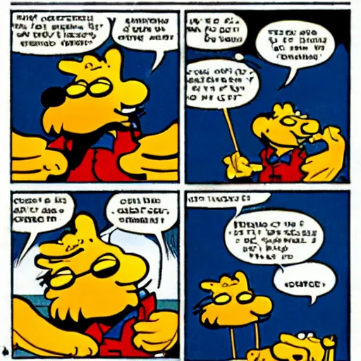 Image similar to garfield points a gun at odie, panel from garfield comic strip, illustrated by jim davis