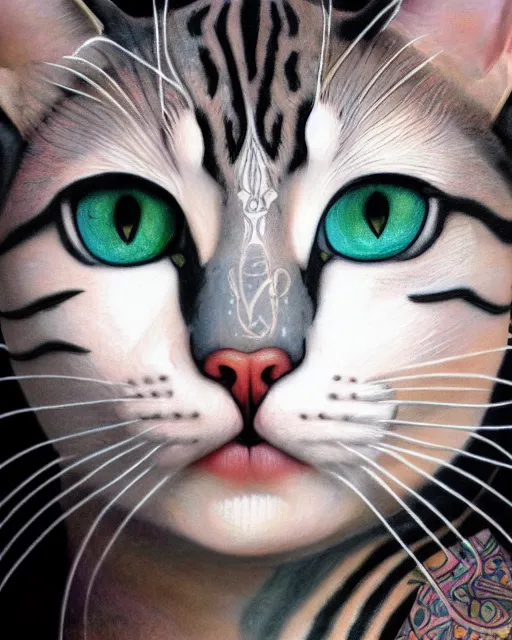 Prompt: close up of a beautiful cat with colourful intricate tattoos, by william - adolphe bouguereau, artistic, intricate drawing, realistic fantasy, extremely detailed and beautiful aesthetic face, 8 k resolution, dramatic lighting