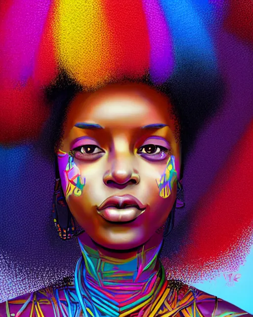 Image similar to colorful portrait of a black woman hippie wearing her hair in an afro, but set in the future 2 1 5 0 | highly detailed | very intricate | symmetrical | professional model | cinematic lighting | award - winning | painted by mandy jurgens | pan futurism, dystopian, bold psychedelic colors, cyberpunk, anime aesthestic | featured on artstation