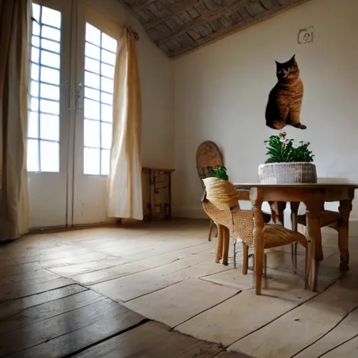 Prompt: Photo of very very very very filled provence interior room with cat sitting on the table in the center of room, photorealism,