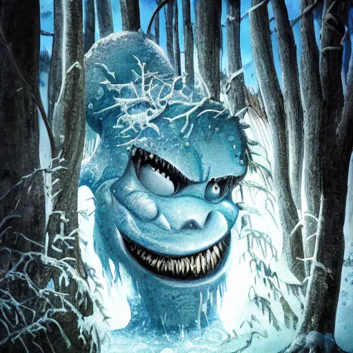 Image similar to ice monster in the bunring forest high detailed