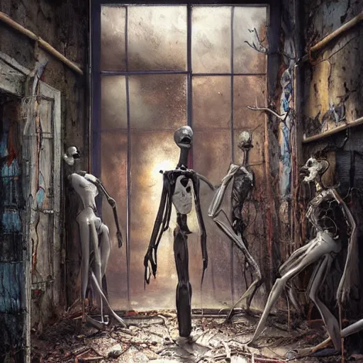 Prompt: A horrific painting of sinister broken mannequins in an abandoned warehouse. Backroom liminal spaces. Queue. Door. by Tom Bagshaw, Dan Mumford, Dariusz Zawadzki, Todd McFarlane, and Erik Johansson