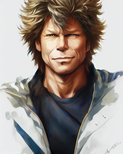 Image similar to anime portrait of Jon Bon Jovi as an anime man by Stanley Artgerm Lau, WLOP, Rossdraws, James Jean, Andrei Riabovitchev, Marc Simonetti, and Sakimichan, trending on artstation