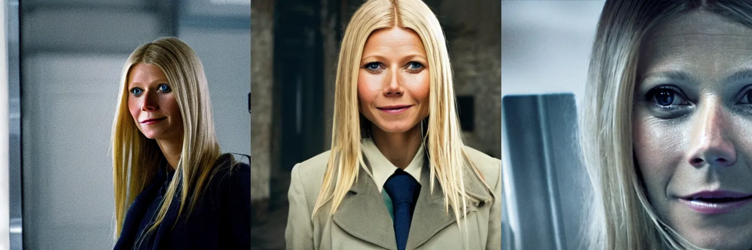 Prompt: close-up of Gwyneth Paltrow as a detective in a movie directed by Christopher Nolan, movie still frame, promotional image, imax 70 mm footage