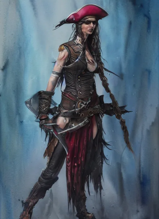 Image similar to full body concept art very wet watercolor of a female pirate, airbrushed painting, stunning, featured on artstation, cinematic lighting, hyperdetailed, cgsociety, 8k, dramatic, dark atmosphere, alluring