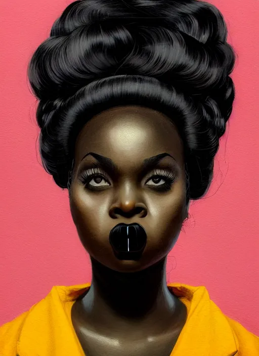 Image similar to portrait of a plump black woman with a crooked nose and a confident expression, 1 9 6 0 s, black clothes, goth, punk, brightly coloured hair, funk, intricate, elegant, highly detailed, digital painting, artstation, concept art, smooth, sharp focus, illustration, art by wlop, mars ravelo and greg rutkowski