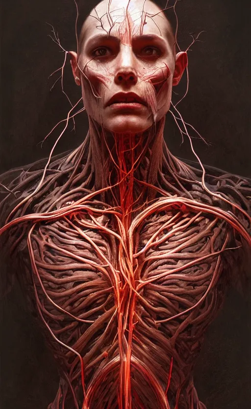 Prompt: portrait of a dark god, bloody wires, visible veins and nerves and muscles and bones and arteries, intricate, headshot, highly detailed, digital painting, artstation, concept art, sharp focus, cinematic lighting, illustration, art by artgerm and greg rutkowski, alphonse mucha, cgsociety