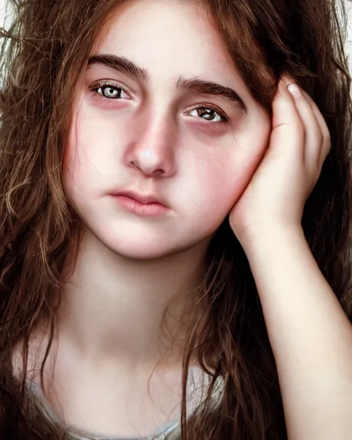 Image similar to photo portrait 1 5 - year old girl with lush brown hair, hermione granger, magic background, bright piercing brown eyes, hyper realistic face, beautiful eyes, by mario testino