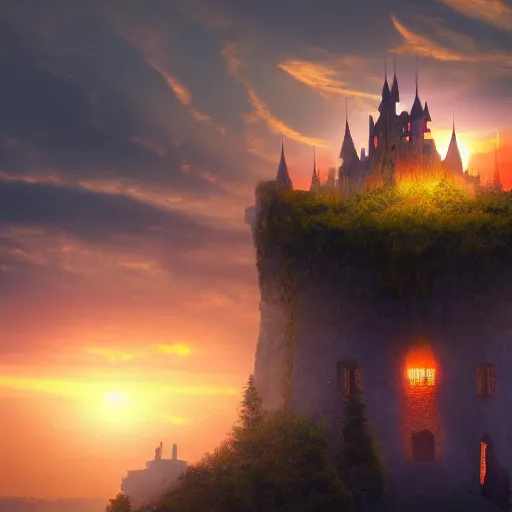 Image similar to a magical castle on the clouds, sunset, epic, trendy on artstation, 4 k