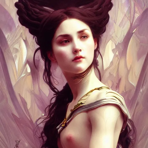 Image similar to portrait of a female demon, intricate, elegant, highly detailed, digital painting, artstation, concept art, smooth, sharp focus, illustration, art by artgerm and greg rutkowski and alphonse mucha and william - adolphe bouguereau