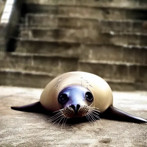 Prompt: a photo of a seal human hybrid animal with eyes of a seal, 4k ultra hd, trending on instagram