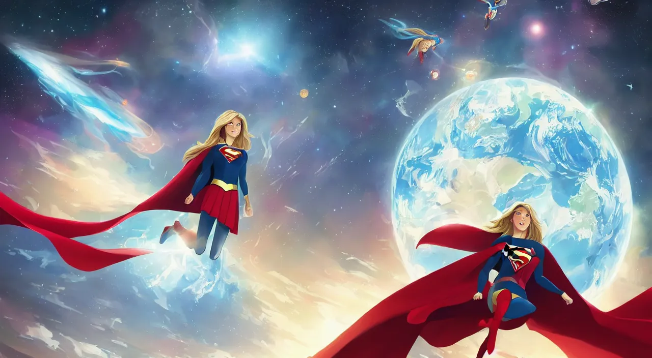 Image similar to A beautiful ultradetailed cartoon of Supergirl hovering in outer space looking at the Earth, 4k, Raphael Lacoste, by Rossdraws and Bluesssatan and Mandy Jurgens and Stjepan Sejic, Legend of Korra, Supergirl, fanart, trending on artstation, highly detailed, soft lighting 8k resolution, dramatic lighting, unreal engine 5, Pinterest, Melissa Benoist, DC Super Hero Girls